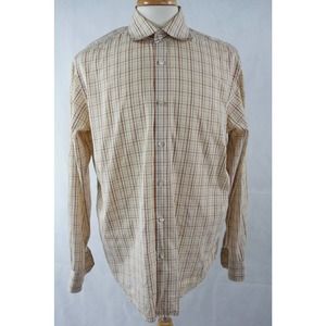 Hugo Boss Size 17 /43 Two Ply Dress Shirt Brown Tan Check Long Sleeve